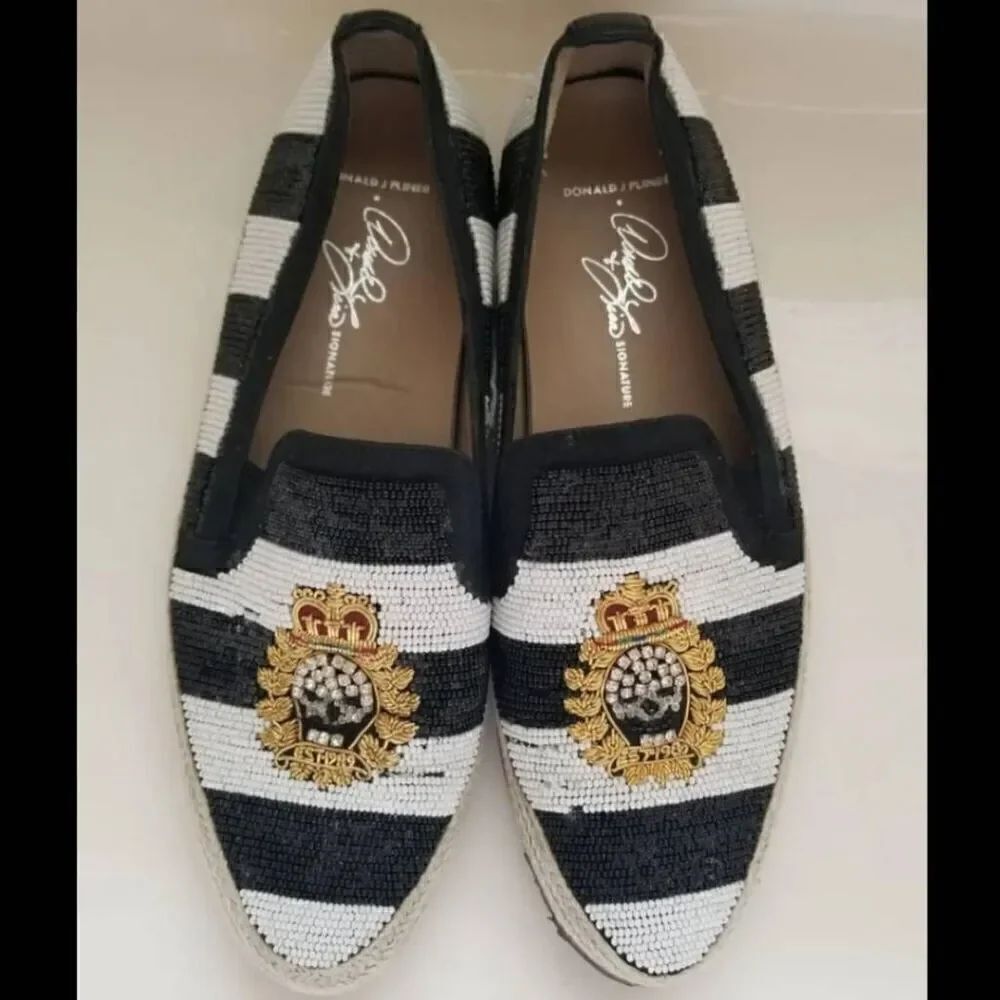 Donald J. Pliner Italian loafers size 6.5 striped black white royalty glam beade